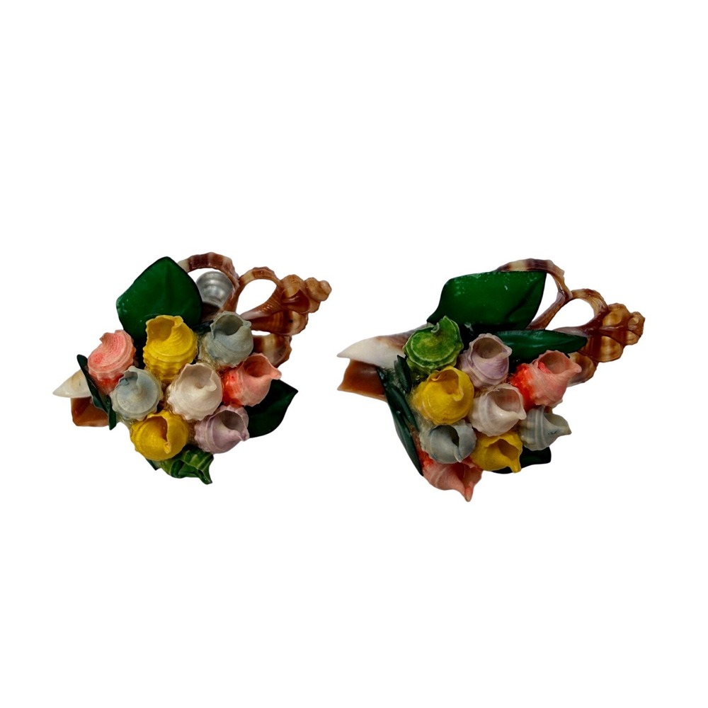 Vintage Seashell Flower Bouquet Screw Back Earrings Hand Painted Floral Coastal